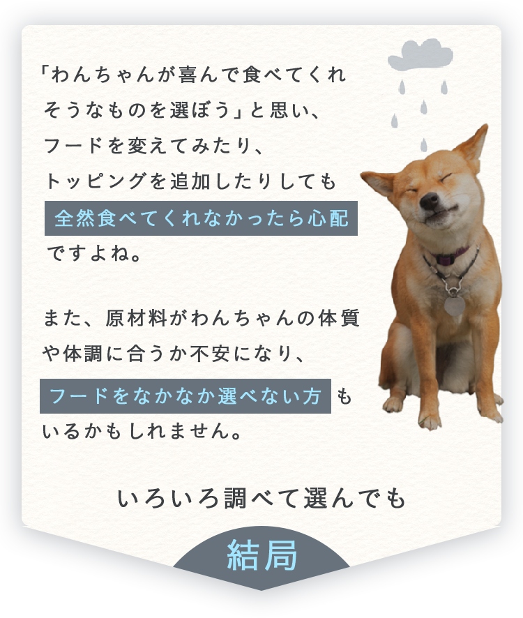 わんちゃんが喜んで食べてくれそうなものを選ぼうと思い、フードを変えたりトッピングを追加しても全然食べてくれなかったら心配です。また原材料が体質や体調に合うか不安でフードを選べない方もいるかもしれません。いろいろ調べて選んでも結局